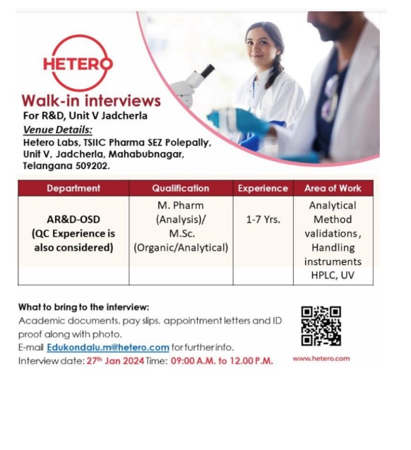 HETERO-Walk-in interviews for R&D on 27th Jan 2024